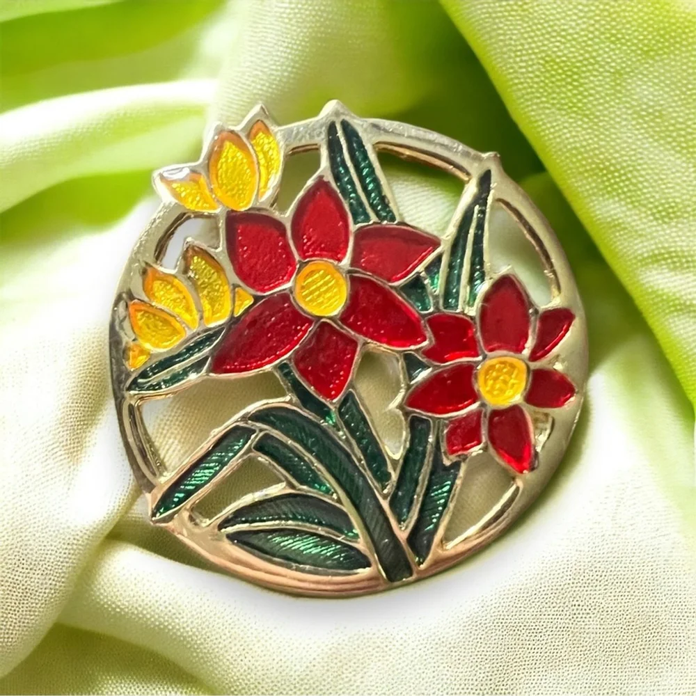Vintage Brooch Pin Stained Glass Style Red & Yellow Bouquet in Gold-tone Setting
